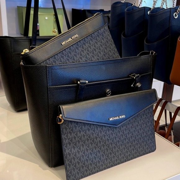 MICHAEL Maisie Large Pebbled Leather 3-in-1 Tote Bag BLACK / BLACK MULTI… - Picture 1 of 16